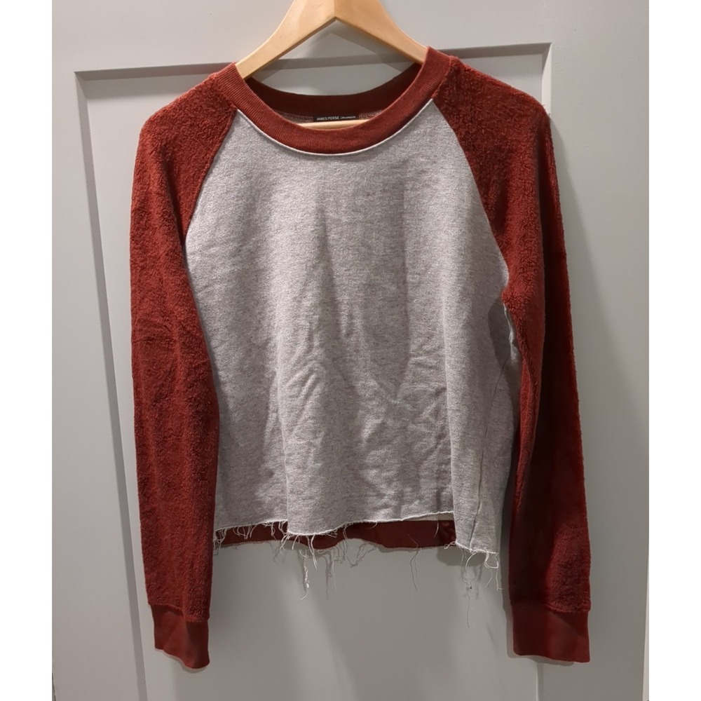 James Perse Womens‎ Sz S/1  L/S Cropped Gray Sweatshirt Maroon Textured Sleeve